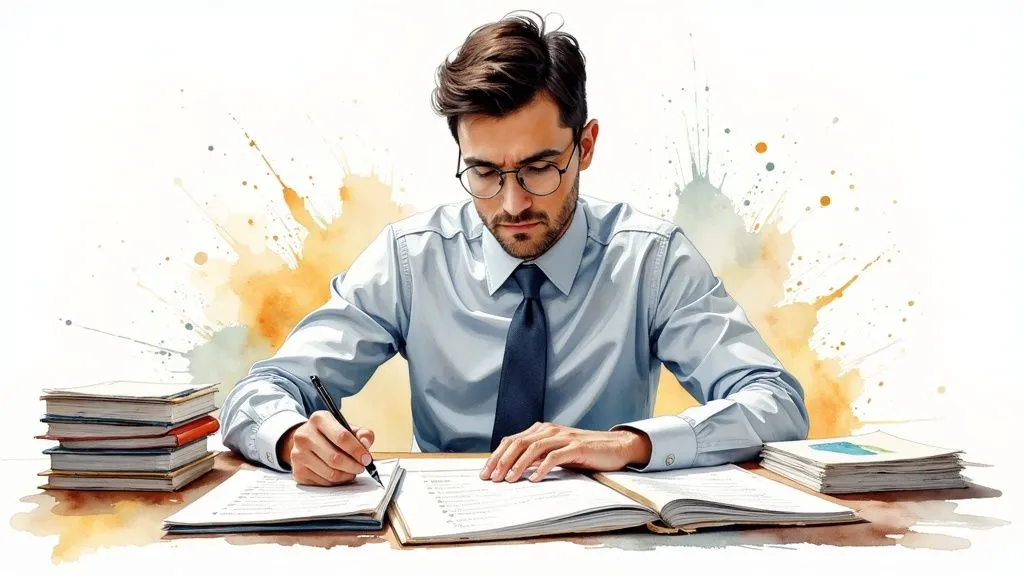 A desk with receipts and a calculator, symbolizing expense report accounting.