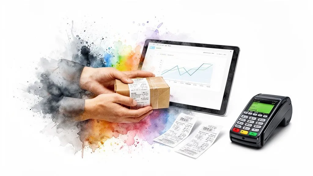 Hands holding a parcel, a tablet showing a data chart, receipts and a payment terminal, symbolizing logistics and financial management.
