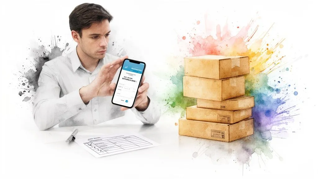 A man uses a mobile app to manage parcels and shipments.