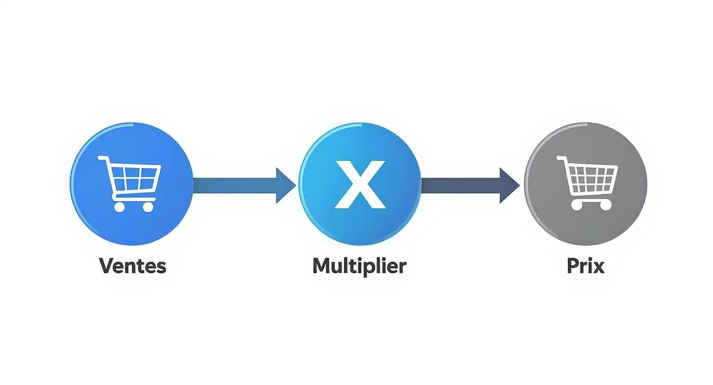Diagram illustrating the revenue calculation: sales multiplied by price with shopping cart icons