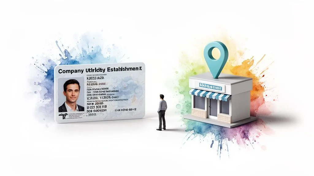 A man looks at a building with a location pin, next to a company identity card.