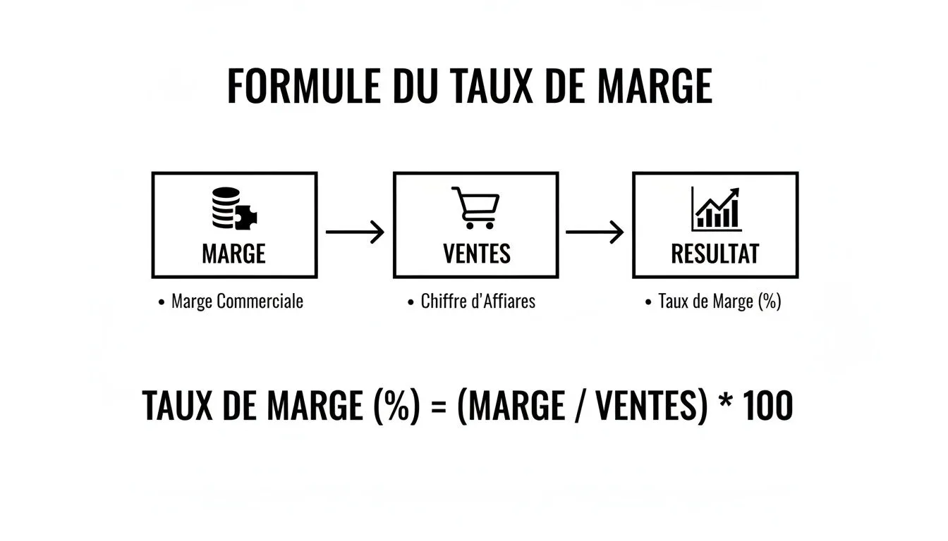 Visual diagram explaining the margin rate formula, detailing the relationships between margin, sales and results.