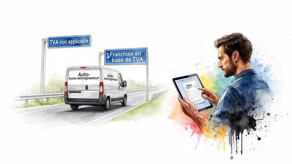 A sole trader reviews VAT options on a tablet, with panels showing "VAT not applicable" and "VAT exemption scheme".