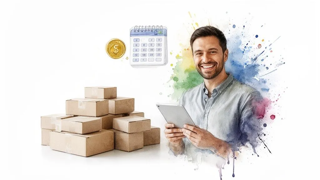 A smiling man with a tablet, boxes, a calendar and a gold coin symbolizing business management or shipping.