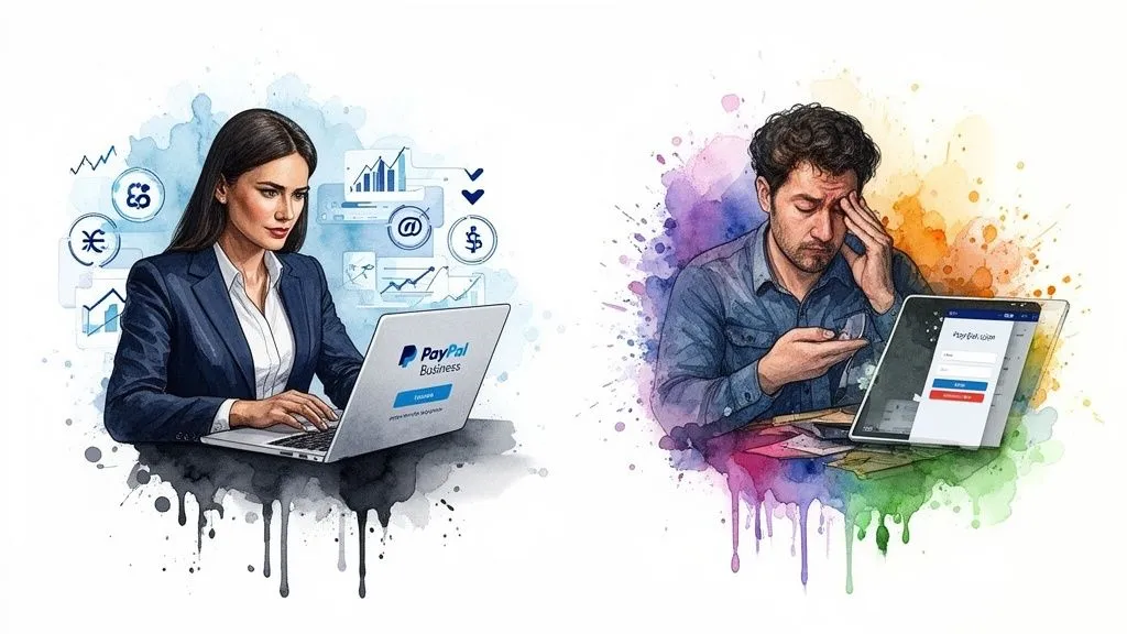 An illustrated comparison showing a woman managing her business with PayPal and a man running into difficulties.