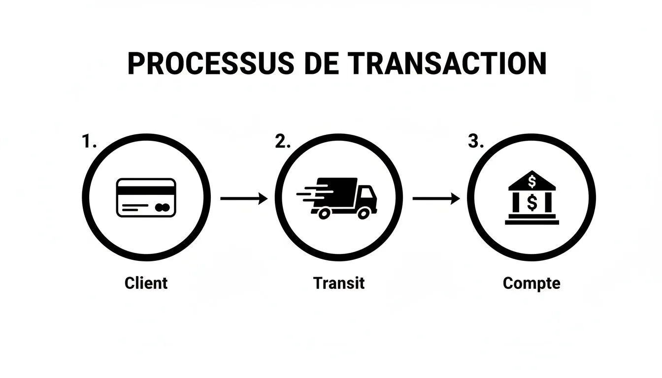 Diagram illustrating the three-step bank transaction process: customer (card), transit (truck), and account (bank).