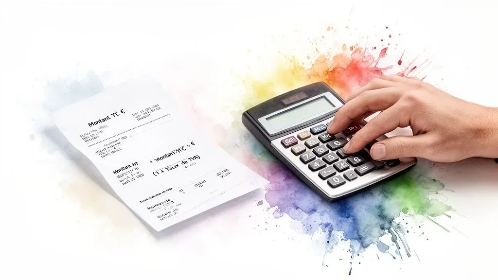 Hand using a calculator next to an invoice. Calculating gross and net amounts on a watercolor background.