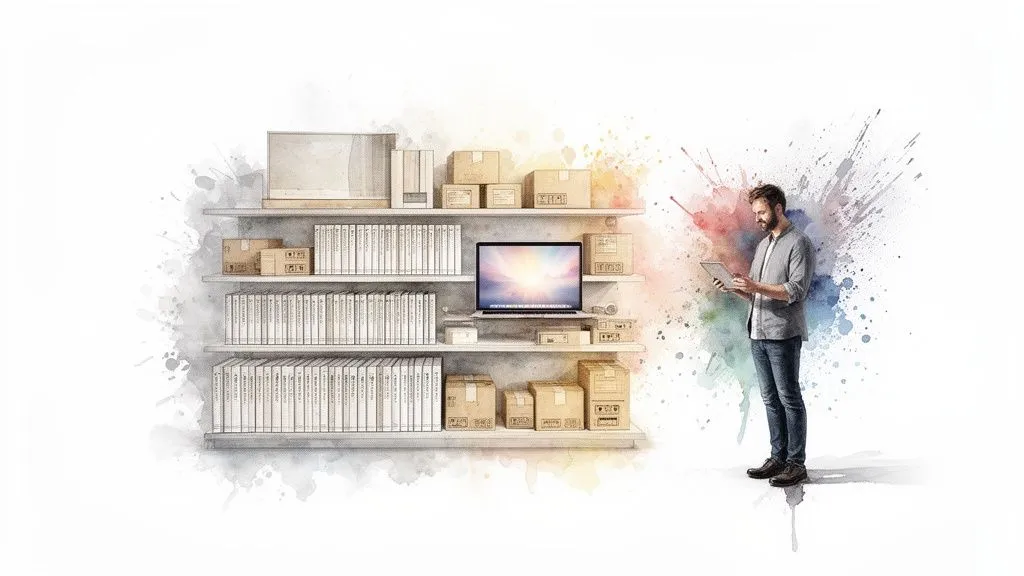 A man examines a tablet near shelves with books, boxes and a laptop, watercolor style.