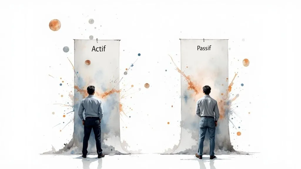 Two men face distinct banners, one labeled 'Assets' and the other 'Liabilities', on an abstract background.