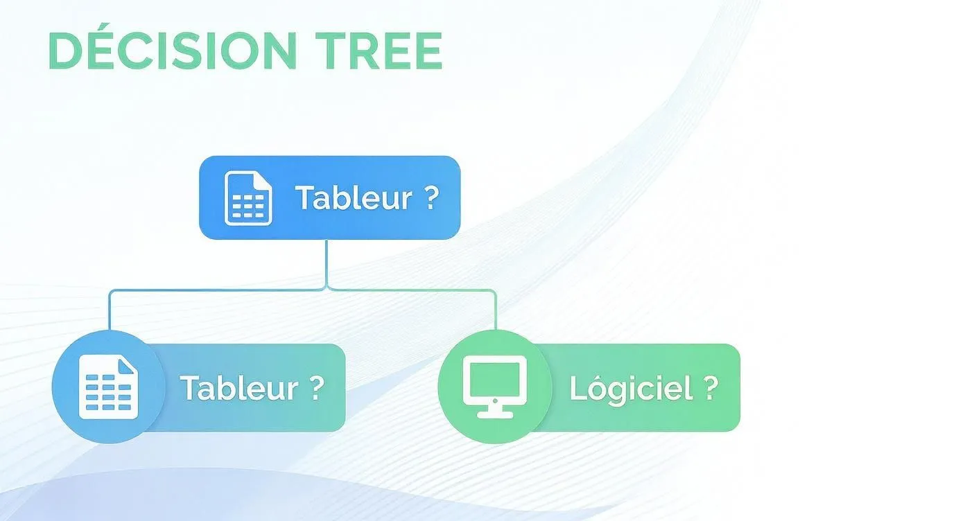 Simple decision tree starting with the question "Spreadsheet?", leading to other spreadsheet or software options.