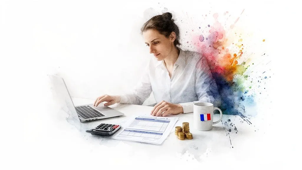 Woman calculating French VAT on a laptop, with documents, calculator and coins.