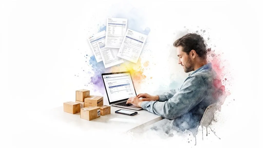 A man manages quotes and invoices on a laptop, surrounded by packages and digital documents.