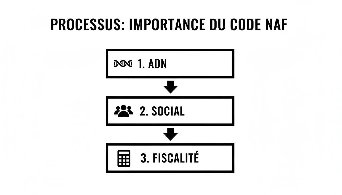 Diagram illustrating the importance of the NAF code through three key stages: DNA, social, and taxation.