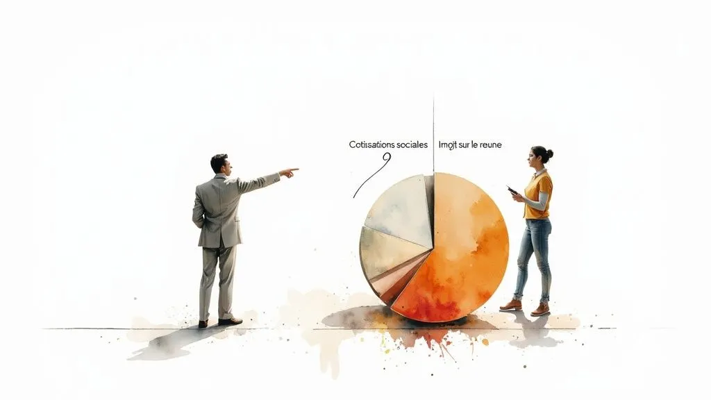 A man and a woman analyze a pie chart detailing social contributions and income tax.