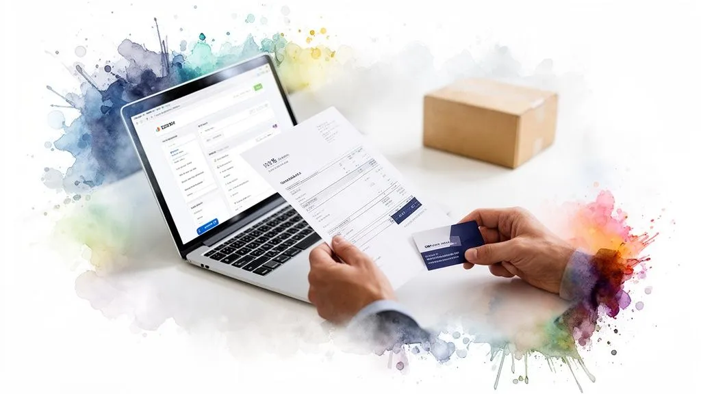 Person making an online payment with a laptop, an invoice and a bank card, alongside a parcel.