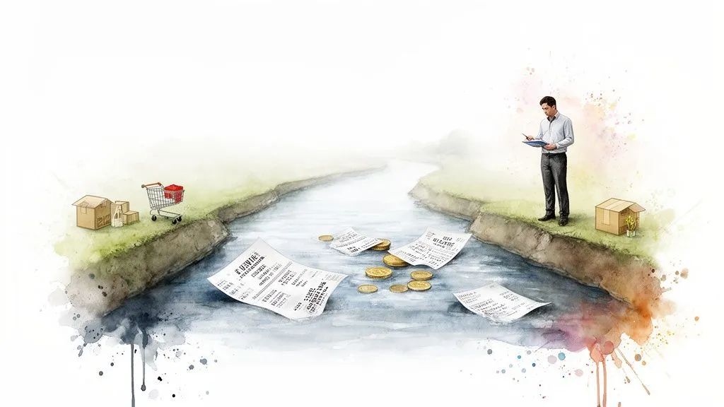 A man watches receipts and coins floating in a river, symbolizing financial management through purchases and expenses.