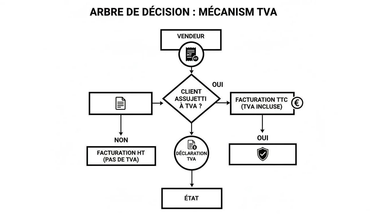 Decision tree explaining the VAT mechanism, from invoicing to declaration.