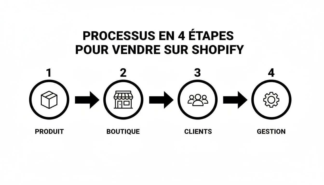 Detailed infographic of the 4-step process to sell effectively on Shopify: product, store, customers, and management.