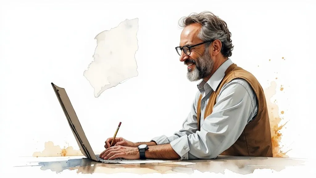 A smiling, bearded man with glasses writes on a laptop in a watercolor style.