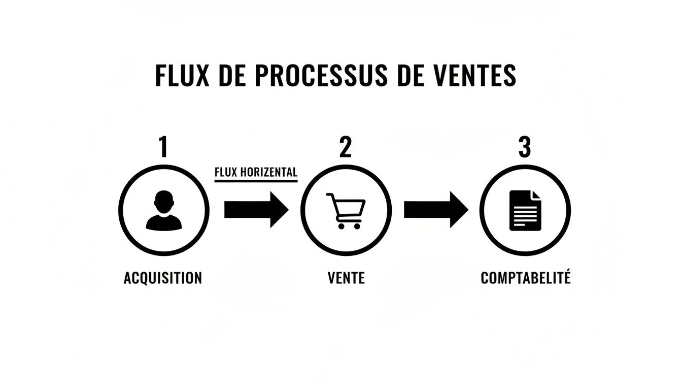 Infographic of the three-step sales process flow: acquisition, sale, and accounting, with clear icons and directional arrows.