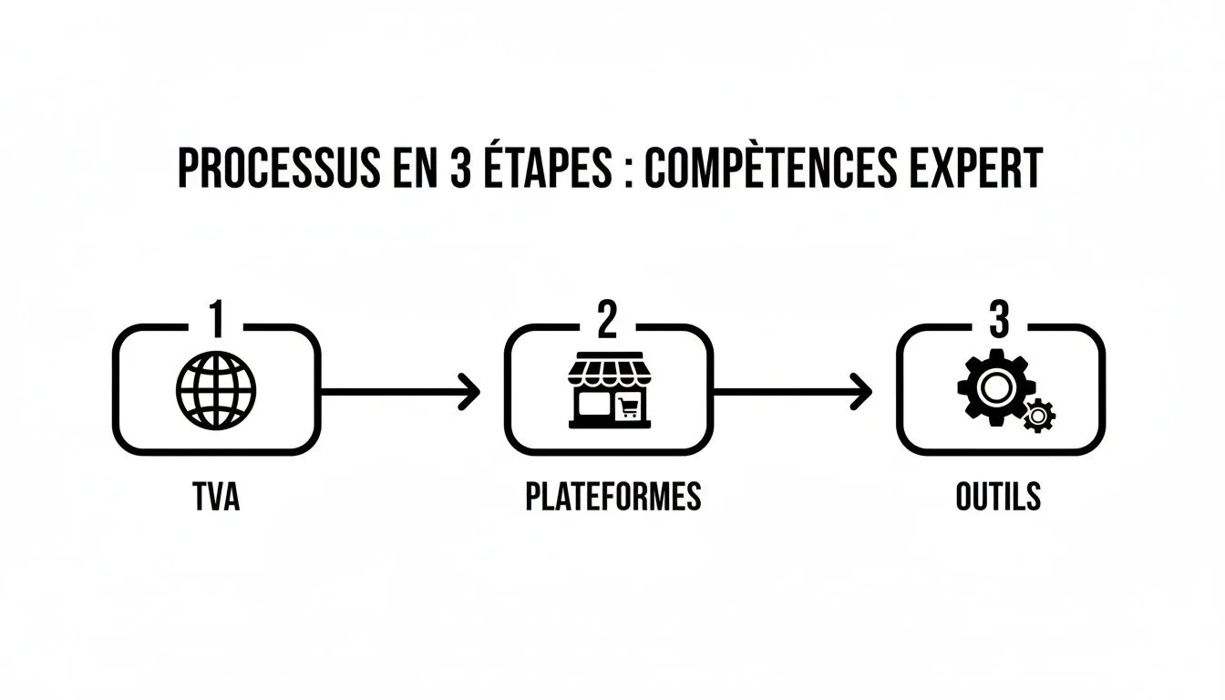 A 3-step process diagram detailing the expert skills in VAT, platforms and tools for e-commerce.