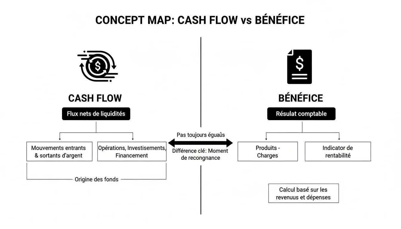 Conceptual map comparing cash flow and profit, detailing their components and key differences.