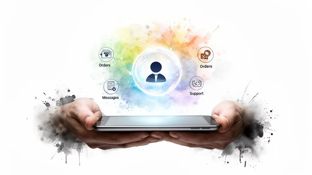 Hands holding a tablet displaying a user hub surrounded by icons for orders, messages and customer support.