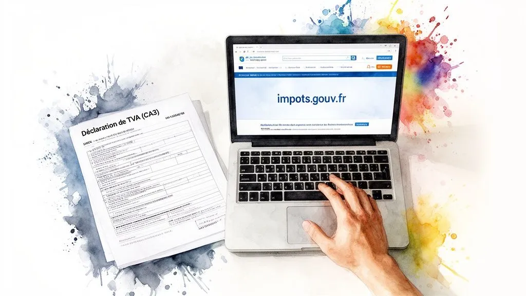 Online VAT return on impots.gouv.fr with a paper form next to a laptop.