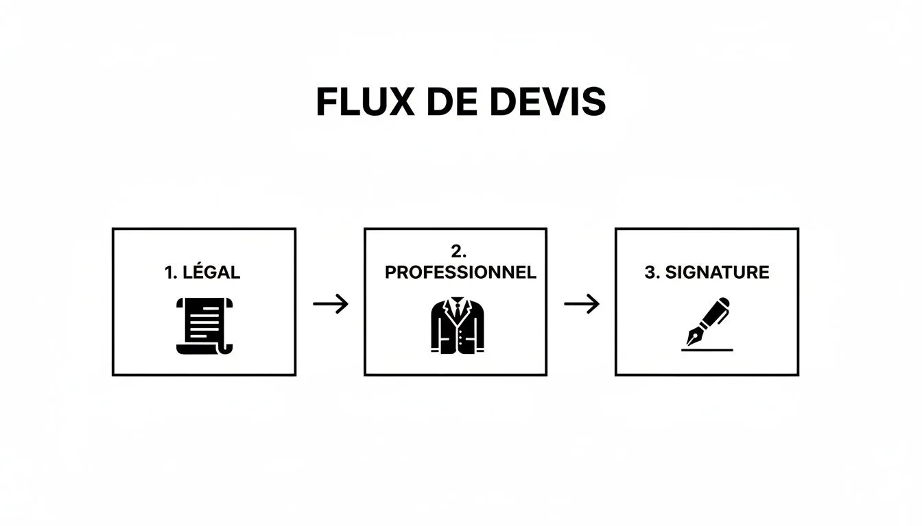 Diagram illustrating the three-step quote creation flow: legal, professional, and signature.