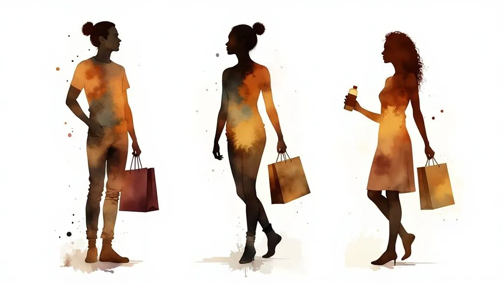 Three stylized silhouettes, two women and a man, with shopping bags and vibrant watercolor textures on a white background.