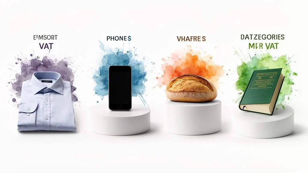 Four common products (shirt, phone, bread, book) on pedestals, illustrating different VAT categories.