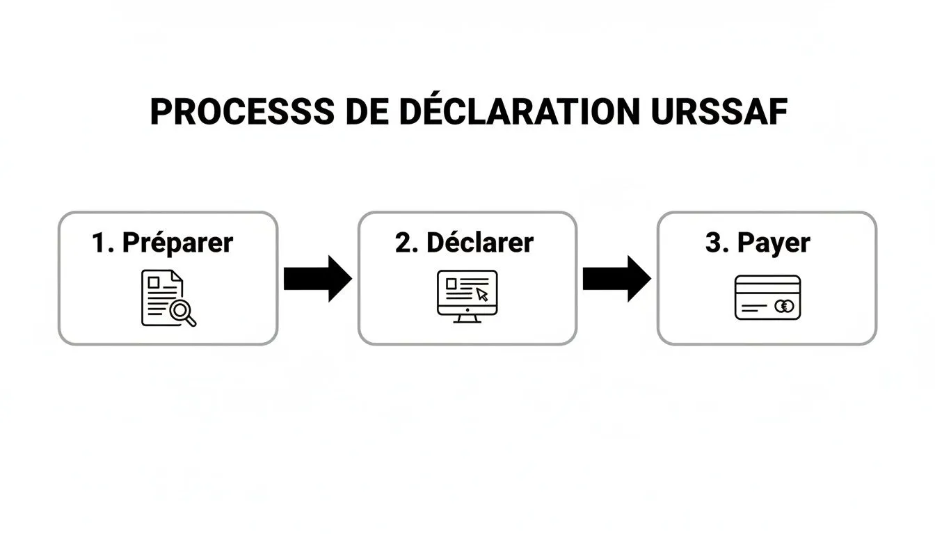 Illustration of the URSSAF declaration process in 3 steps: prepare, declare and pay online.