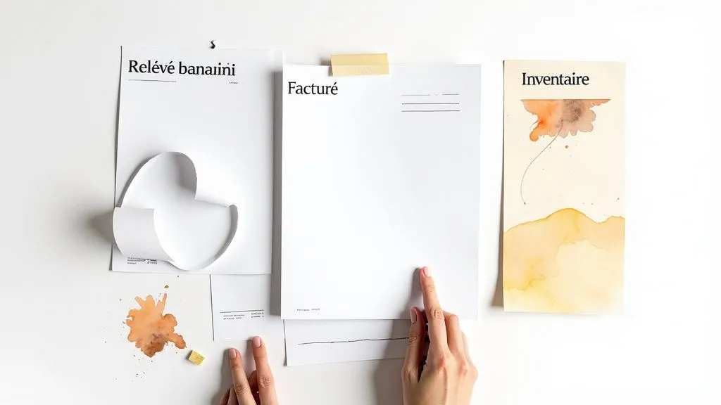 Three documents on a white background, including a 'Statement', an 'Invoice' and an 'Inventory' with watercolor illustrations. Hands are handling them.