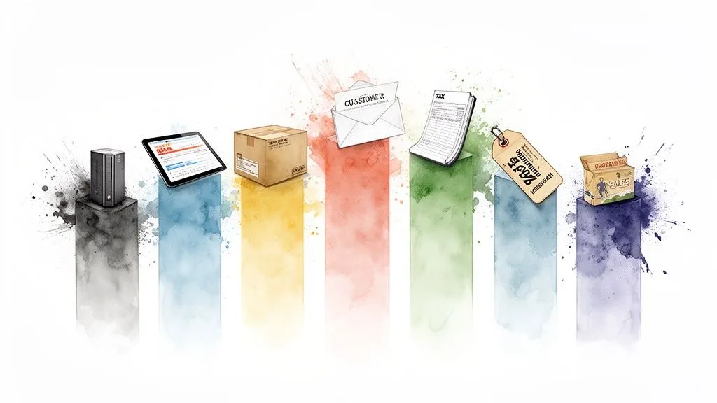 Business objects (server, tablet, package, mail, tax, price, sales) on watercolor color bars.