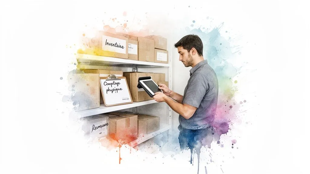 A man uses a digital tablet to take inventory in an organized warehouse with labeled boxes.