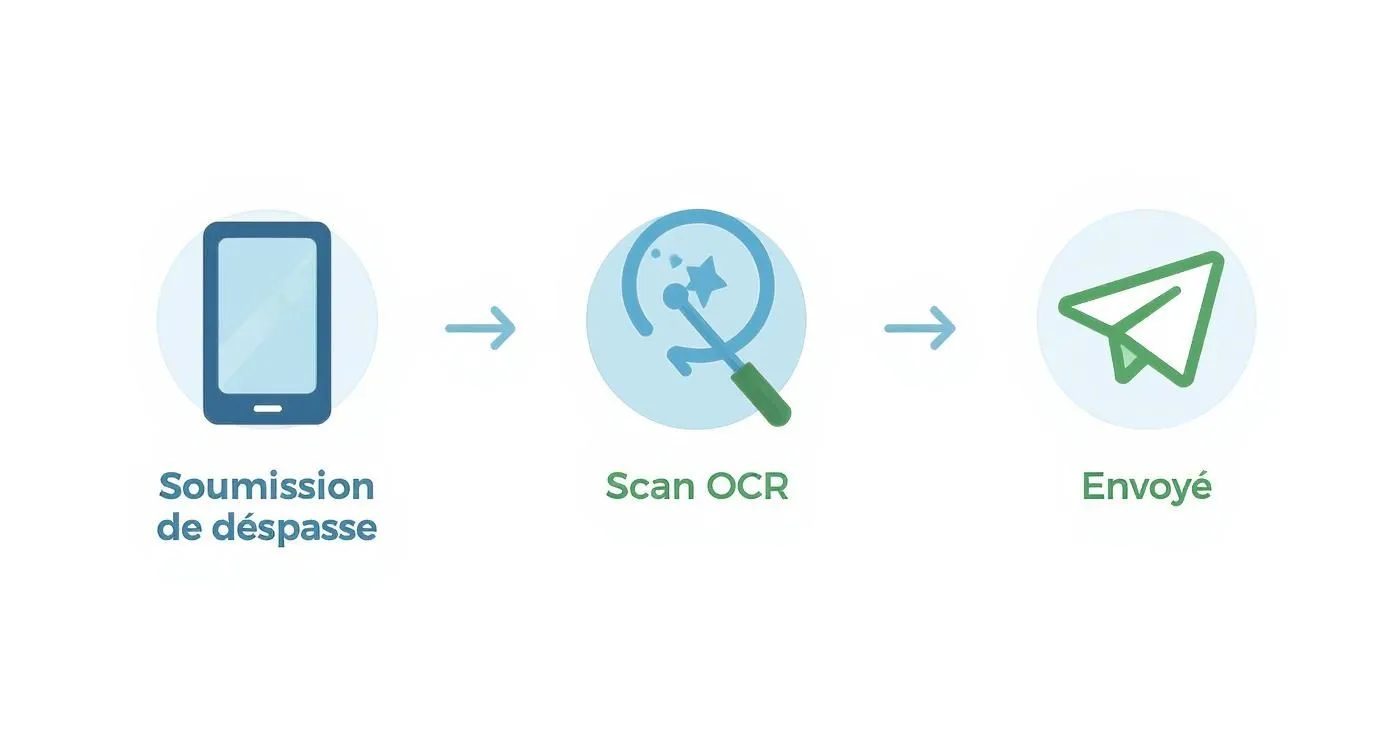Infographic showing the three-step process of submitting an expense report: photo, OCR scan, and submission.