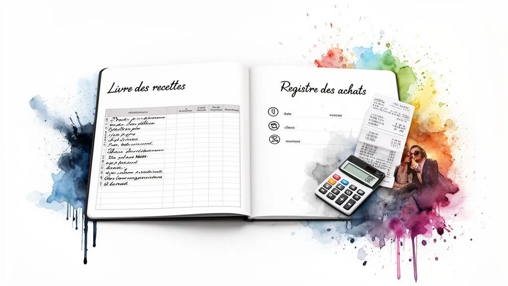 Open accounting notebook for a micro-entreprise with receipts and purchases sections, calculator and receipts.