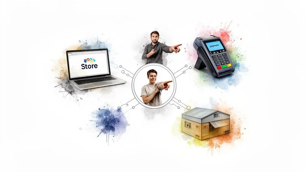 Visual representation of an integrated business management system, including e-commerce, payments, and points of sale.