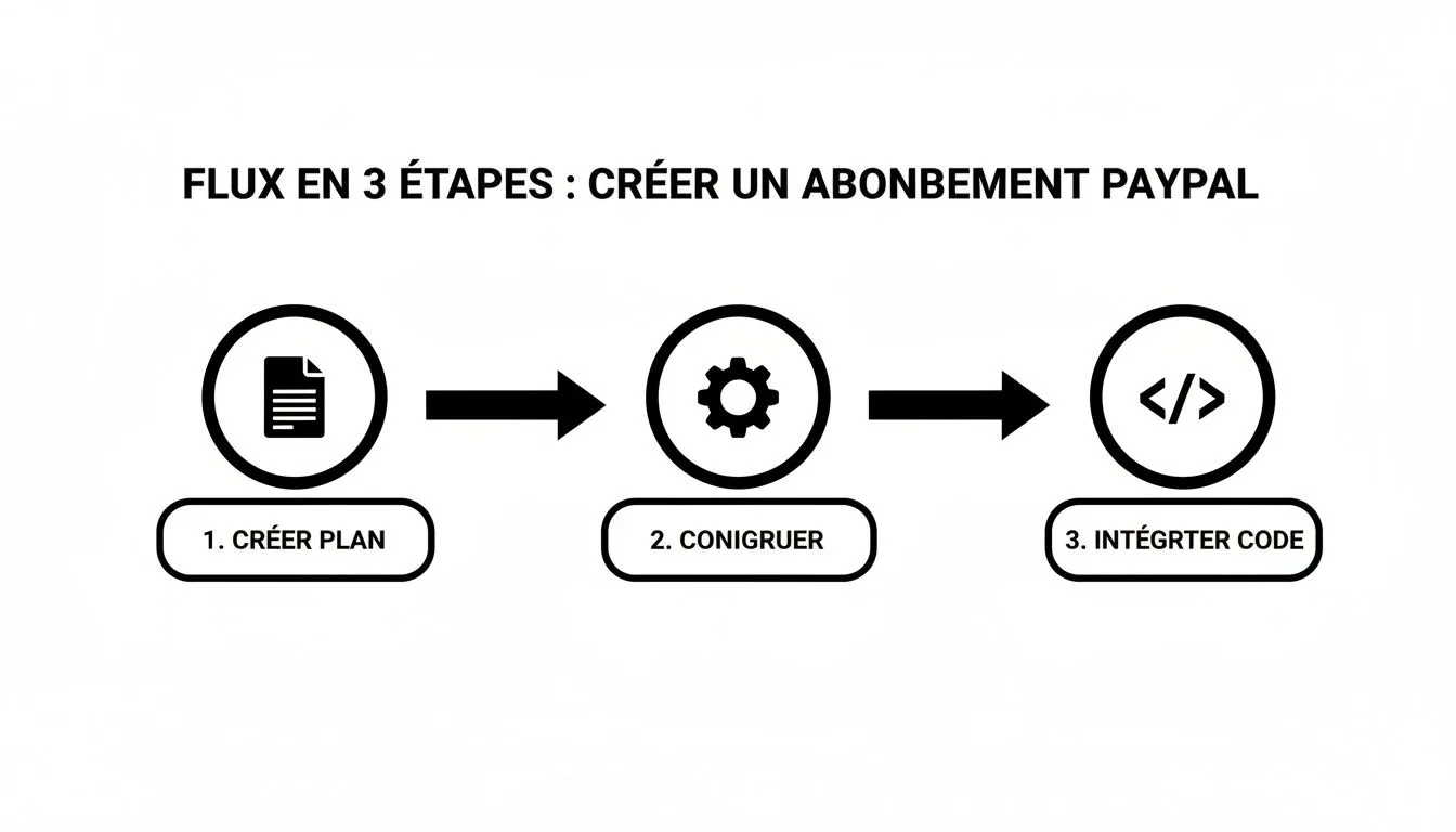 Diagram illustrating the 3 steps to create a PayPal subscription: plan, configuration and code integration.