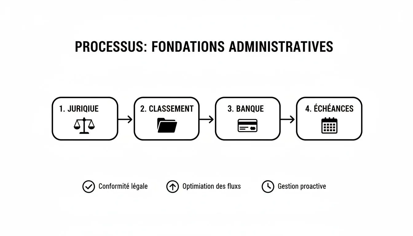 A four-step administrative process: legal, filing, banking, deadlines, highlighting legal compliance and optimization.
