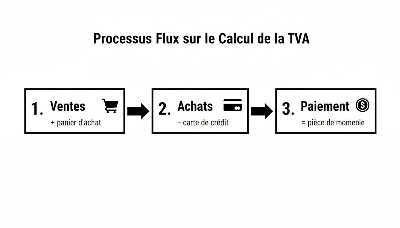 Process diagram explaining the VAT calculation, illustrating the sales, purchases, and payment steps.