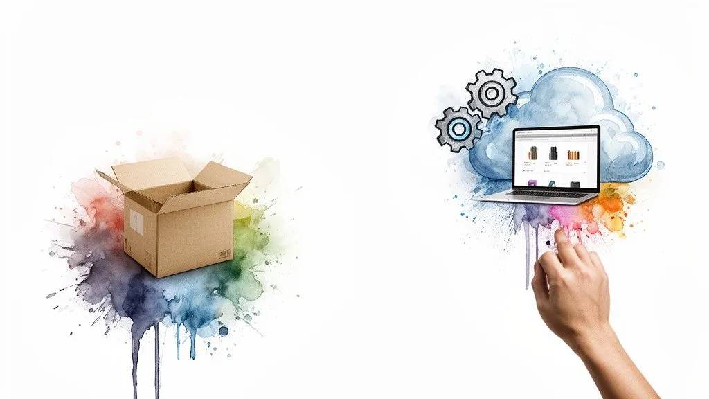 Open cardboard box and laptop with an online store, symbolizing e-commerce services.