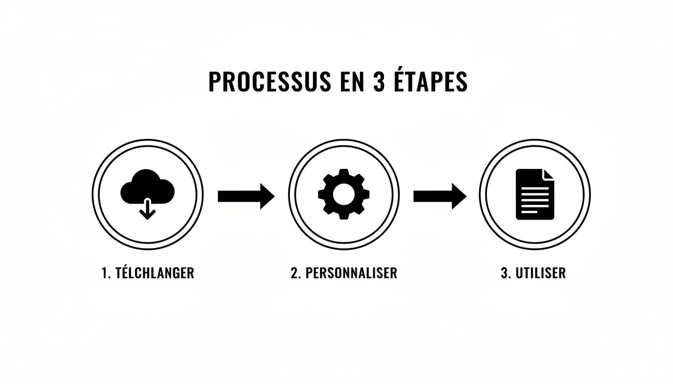 Description of a 3-step process: download (cloud), customize (gear), and use (document), illustrated with icons and arrows.