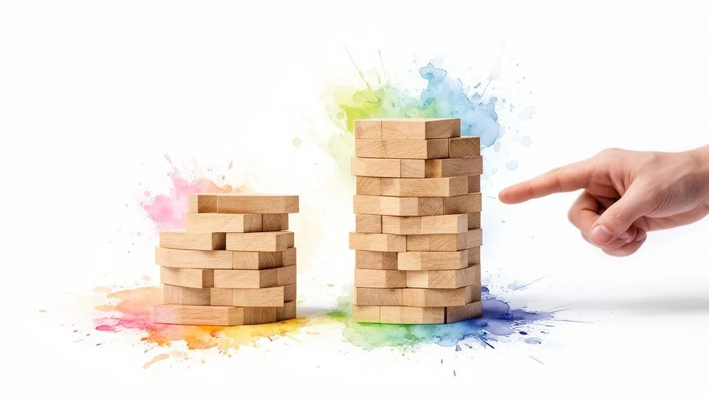 A hand points to a taller tower of wooden blocks, with colourful watercolour splashes in the background.