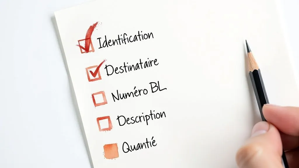 A handwritten checklist with checkboxes, two of which are checked in red. A pencil is held by a hand next to it.