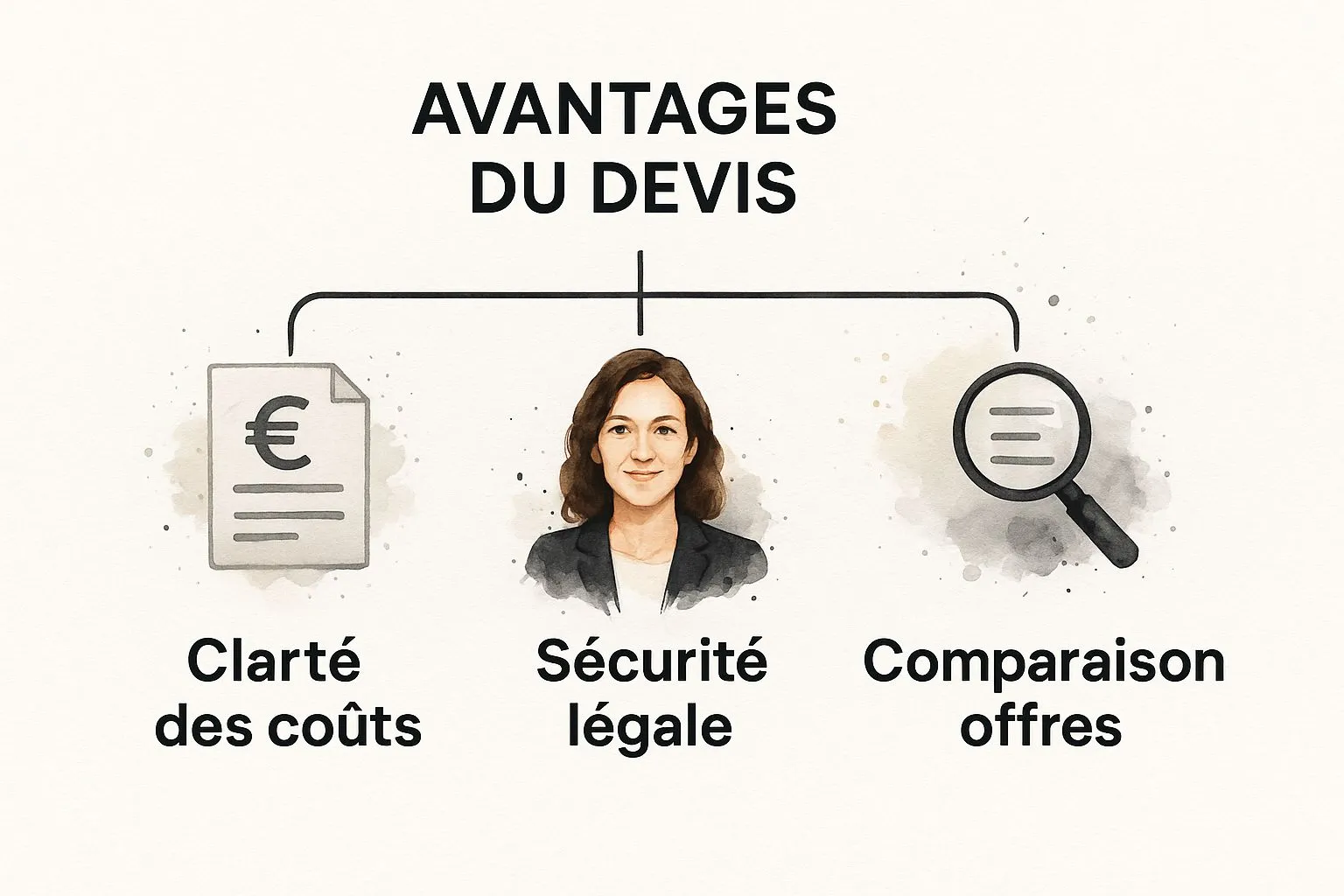 Infographic showing the benefits of a quote: cost clarity, legal security, and offer comparison.