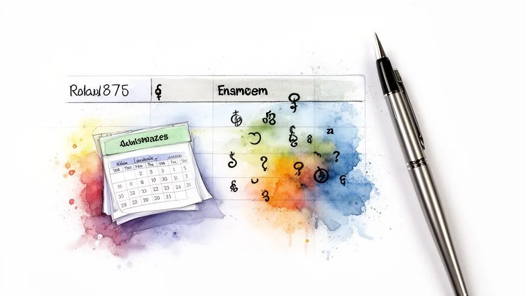 Watercolor drawing of a calendar with numbers, handwritten text and colorful symbols, along with a pen.