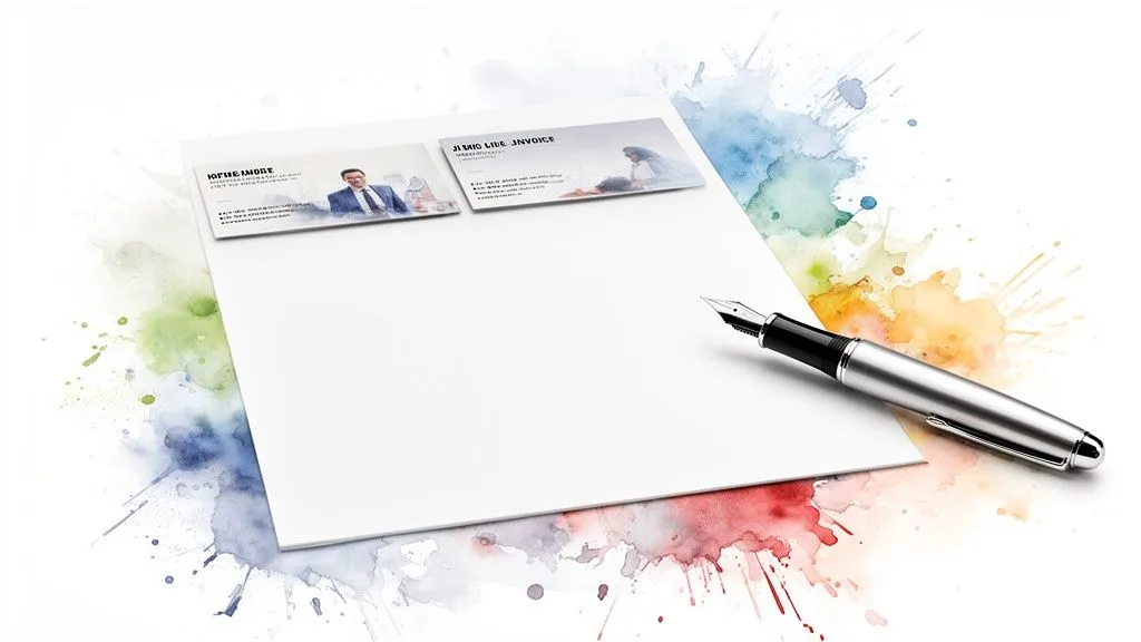 A blank sheet of paper with two business cards and a fountain pen, surrounded by colorful watercolor splashes.