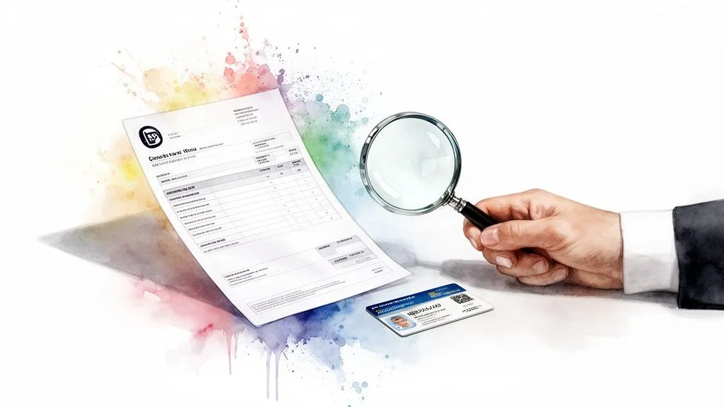 Hand holding a magnifying glass over an invoice and an ID card, watercolor background.