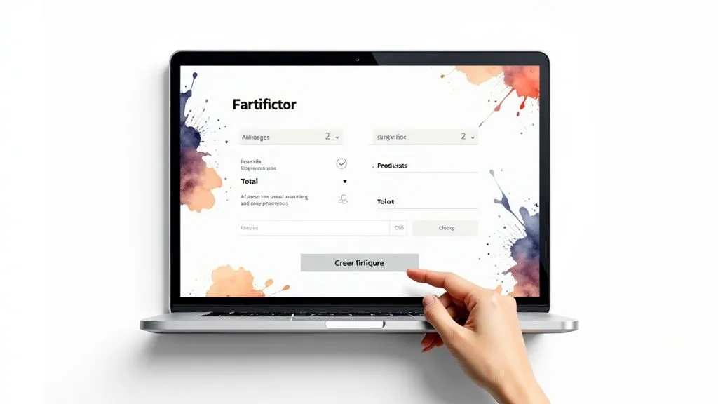 A laptop displaying an online invoicing application with input fields and a hand clicking a button.